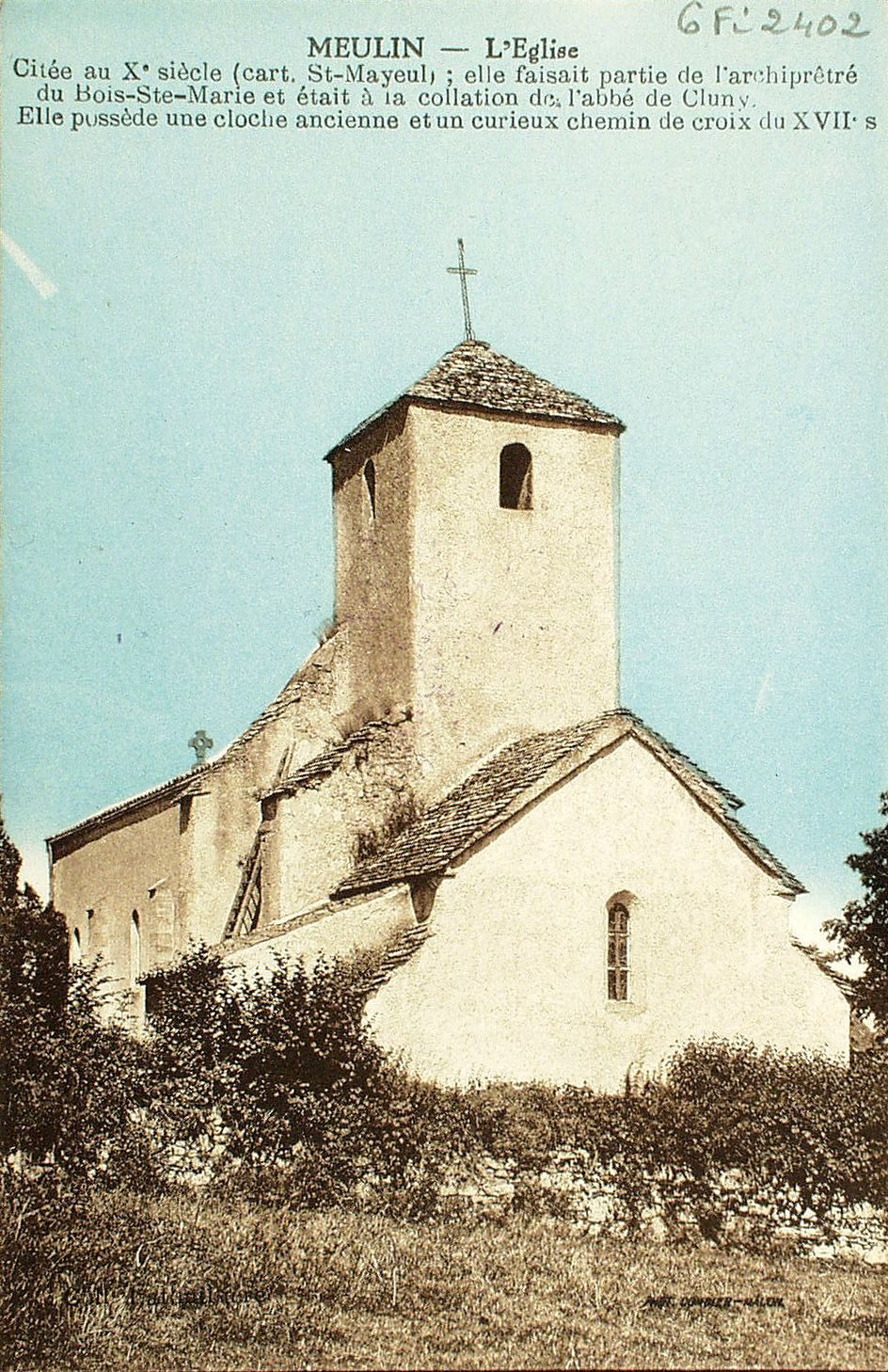Meulin. L'église. Citée au Xe s. (cart. Saint-Mayeul) ; elle faisait partie de l'archiprêtré du Bois-Sainte-Marie et était à la collation de l'abbé de Cluny. Elle possède une cloche ancienne et un curieux chemin de croix du XVIIe s.