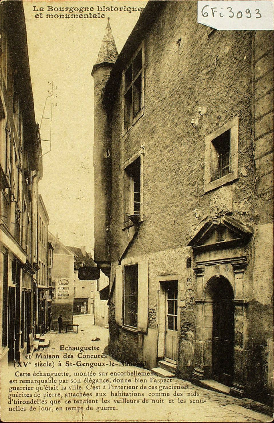 Echauguette et maison des concurés (XVe s.) à Saint-Gengoux-le-National. Cette échauguette, montée sur encorbellement est remarquable par son élégance, donne bien l'aspect guerrier qu'était la ville. C'est à l'intérieur de ces gracieuses guérites de pierre, attachées aux habitations comme des nids d'hirondelles que se tenaient les veilleurs de nuit et les sentinelles de jour, en temps de guerre.