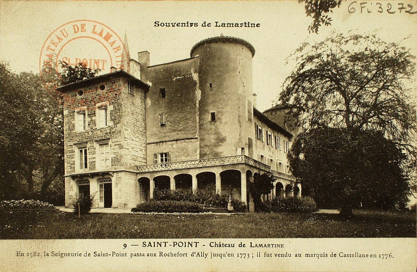 Souvenirs de Lamartine. Saint-Point. Château de Lamartine. En 1582, la seigneurie de Saint-Point passa aux Rochefort d'Ally jusqu'en 1773 ; il fut vendu au marquis de Castellane en 1776.