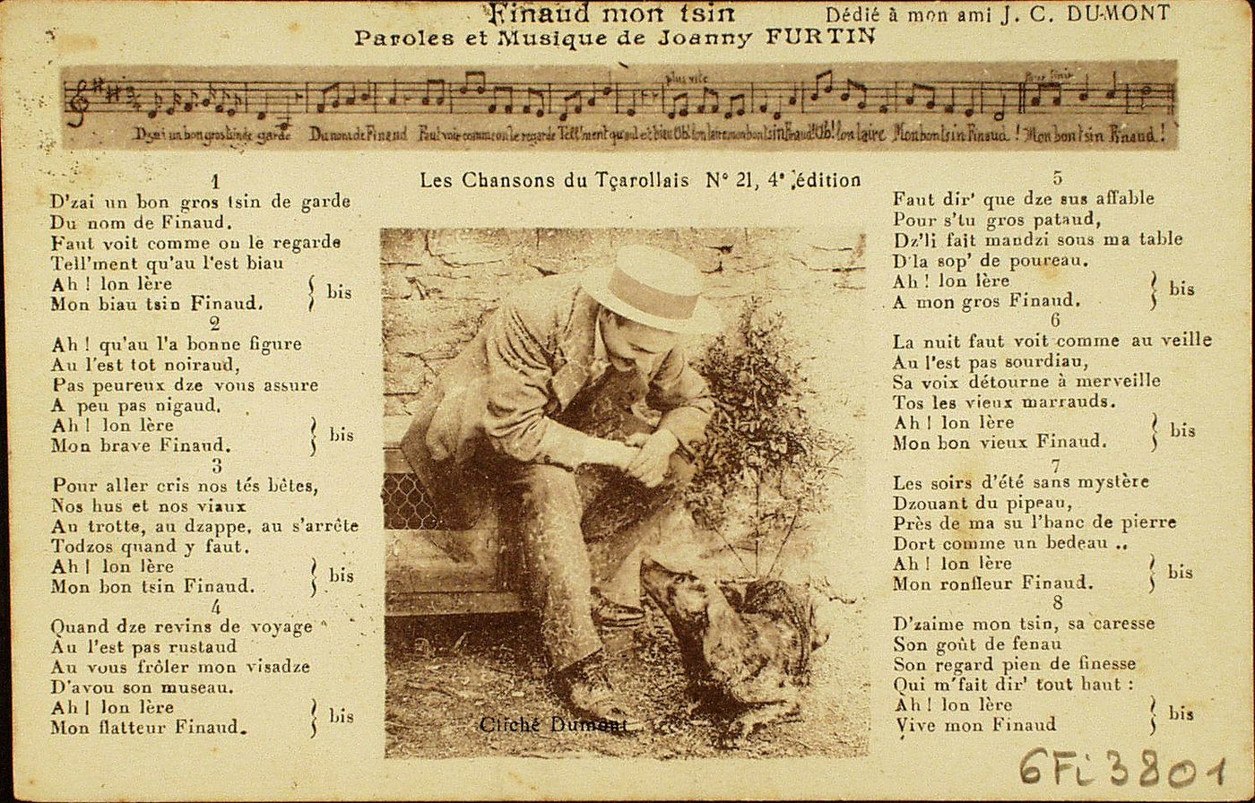 Finaud mon tsin. Paroles et musique de Joanny Furtin. Dédié à mon ami J.C. Dumont. Les chansons du Tçarollais, n° 21 - 4e édition.
