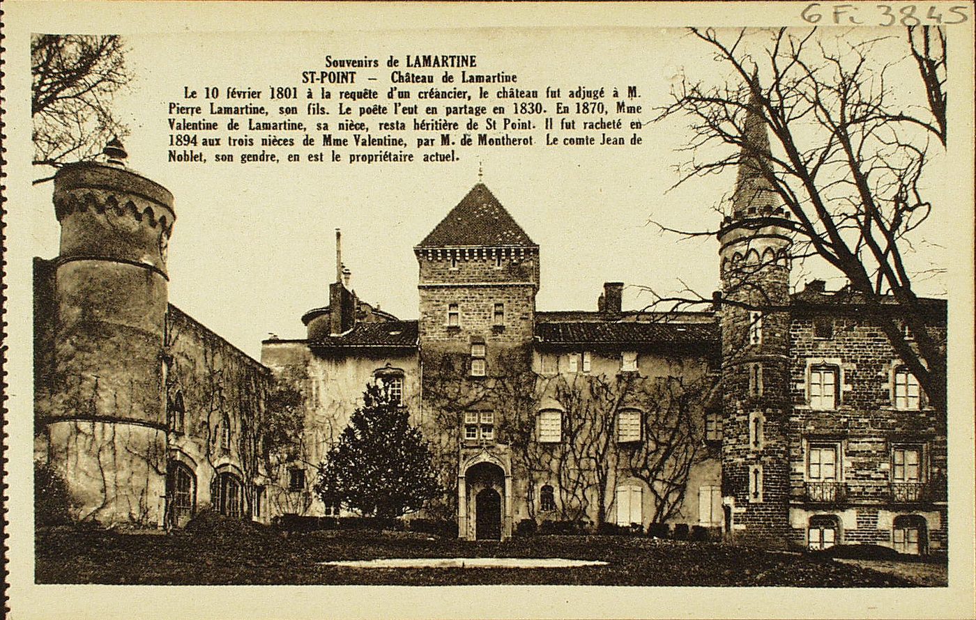 Souvenirs de Lamartine. Saint-Point. Château de Lamartine. Le 10 février 1801 à la requête d'un créancier, le château fut adjugé à M. Pierre Lamartine, son fils. Le poète l'eut en partage en 1830. En 1870, Mme Valentine de Lamartine, sa nièce, resta héritière de Saint-Point. Il fut racheté en 1894 aux trois nièces de Mme Valentine, par M. de Montherot. Le comte Jean de Noblet, son gendre, en est le propriétaire actuel.