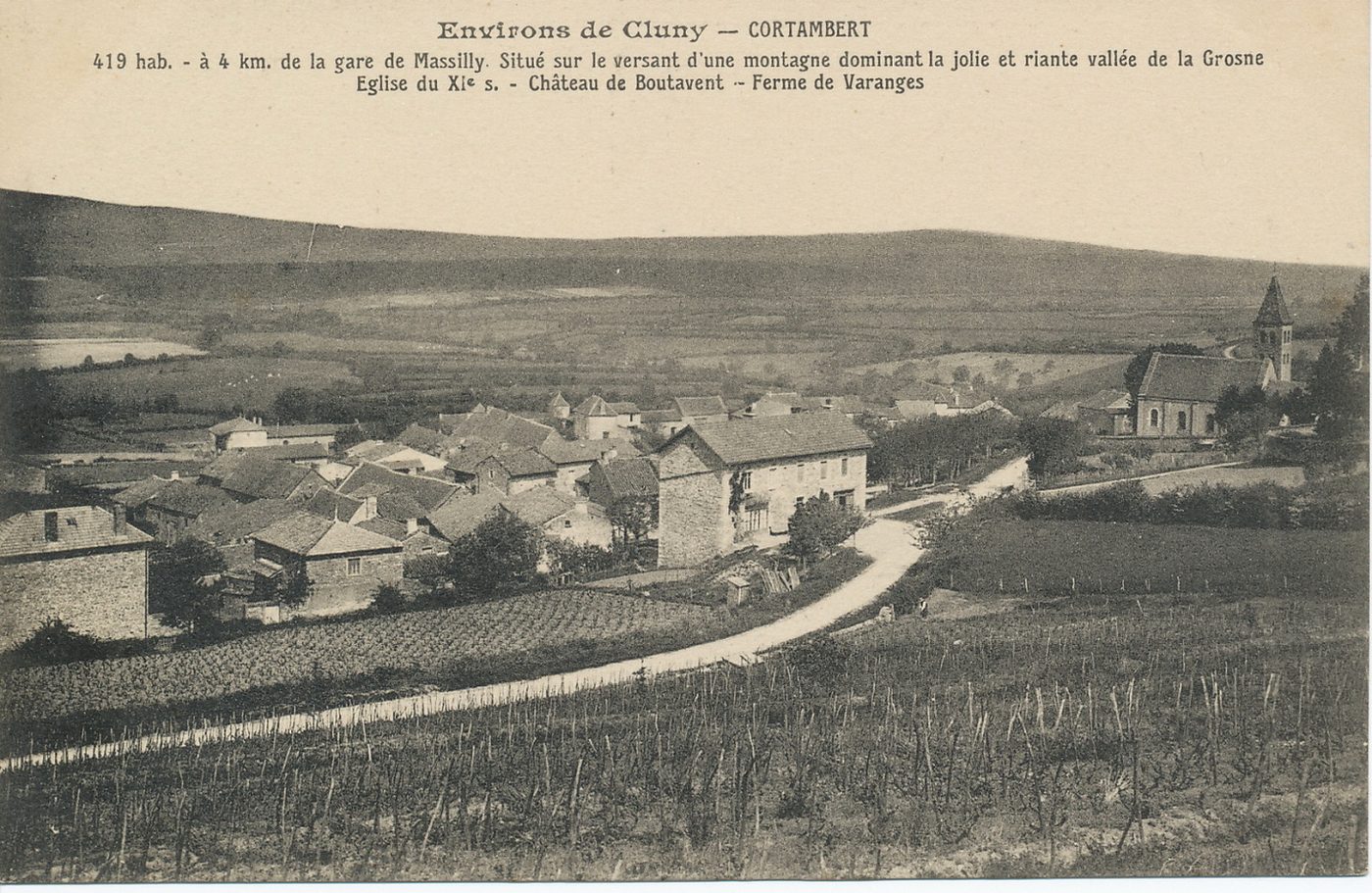 Environs de Cluny. Cortambert. 419 hab. A 4 km de la gare de Massilly. Situé sur le versant d'une montagne dominant la jolie et riante vallée de la Grosne. Eglise du XIe s. Château de Boutavent. Ferme de Varanges.