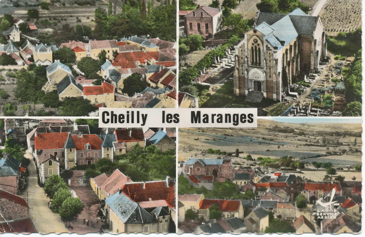 En avion au dessus de ... Cheilly-lès-Maranges. La mairie et les écoles. L'église Saint-Pierre. Place du centre. Vue d'ensemble.
