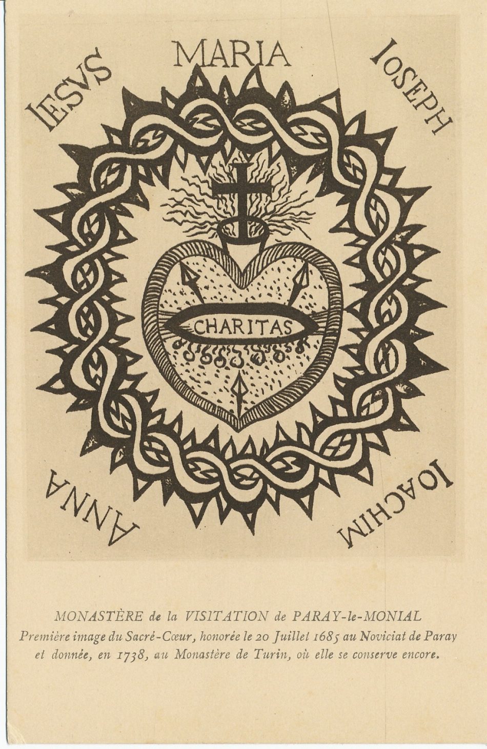 Monastère de la Visitation de Paray-le-Monial. Première image du Sacré-Coeur, honorée le 20 juillet 1685 au noviciat de Paray et donnée, en 1738, au monastère de Turin, où elle se conserve encore.