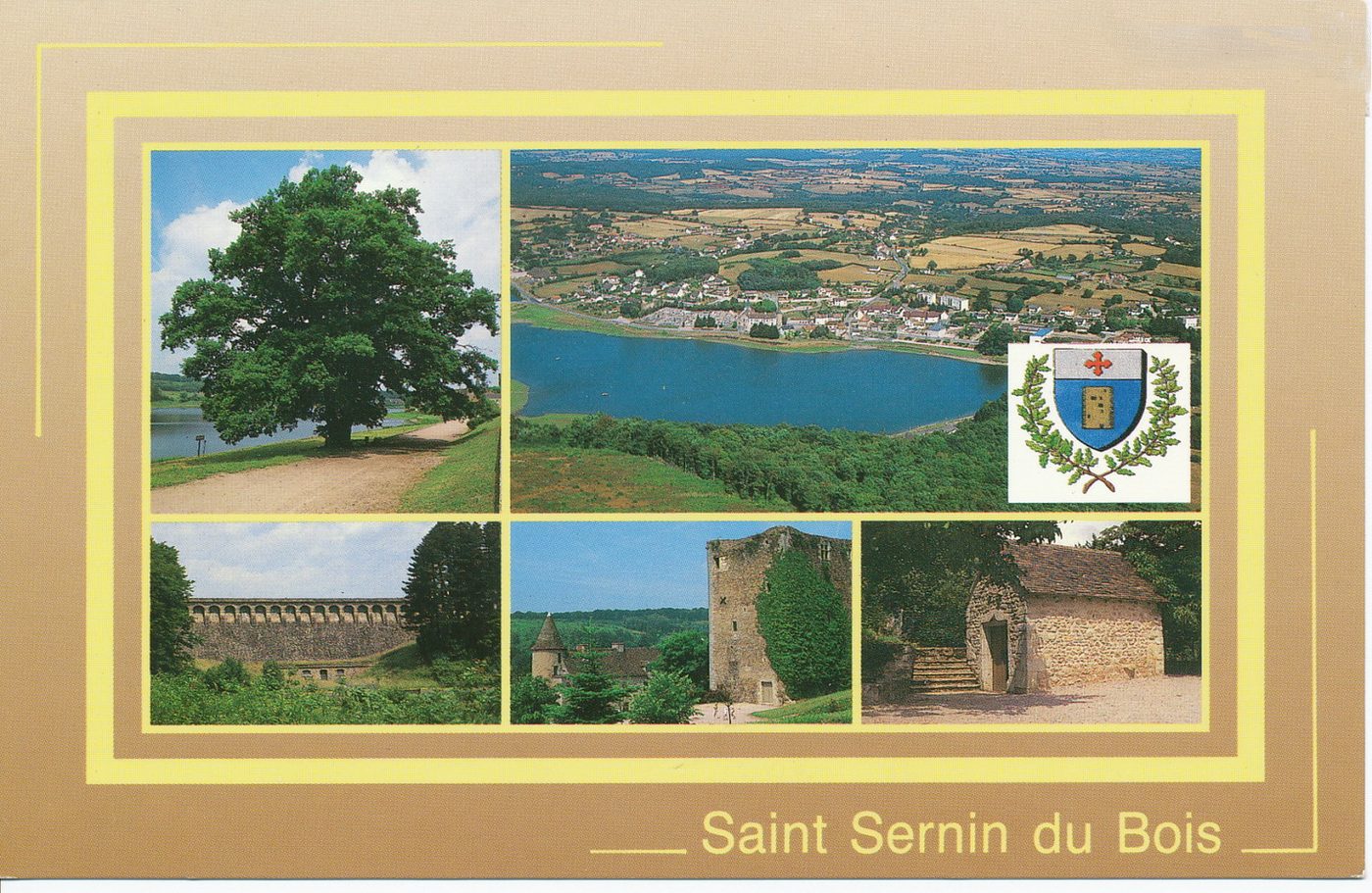 Saint-Sernin-du-Bois. Vue générale, le barrage, le château, la salle polyvalente.