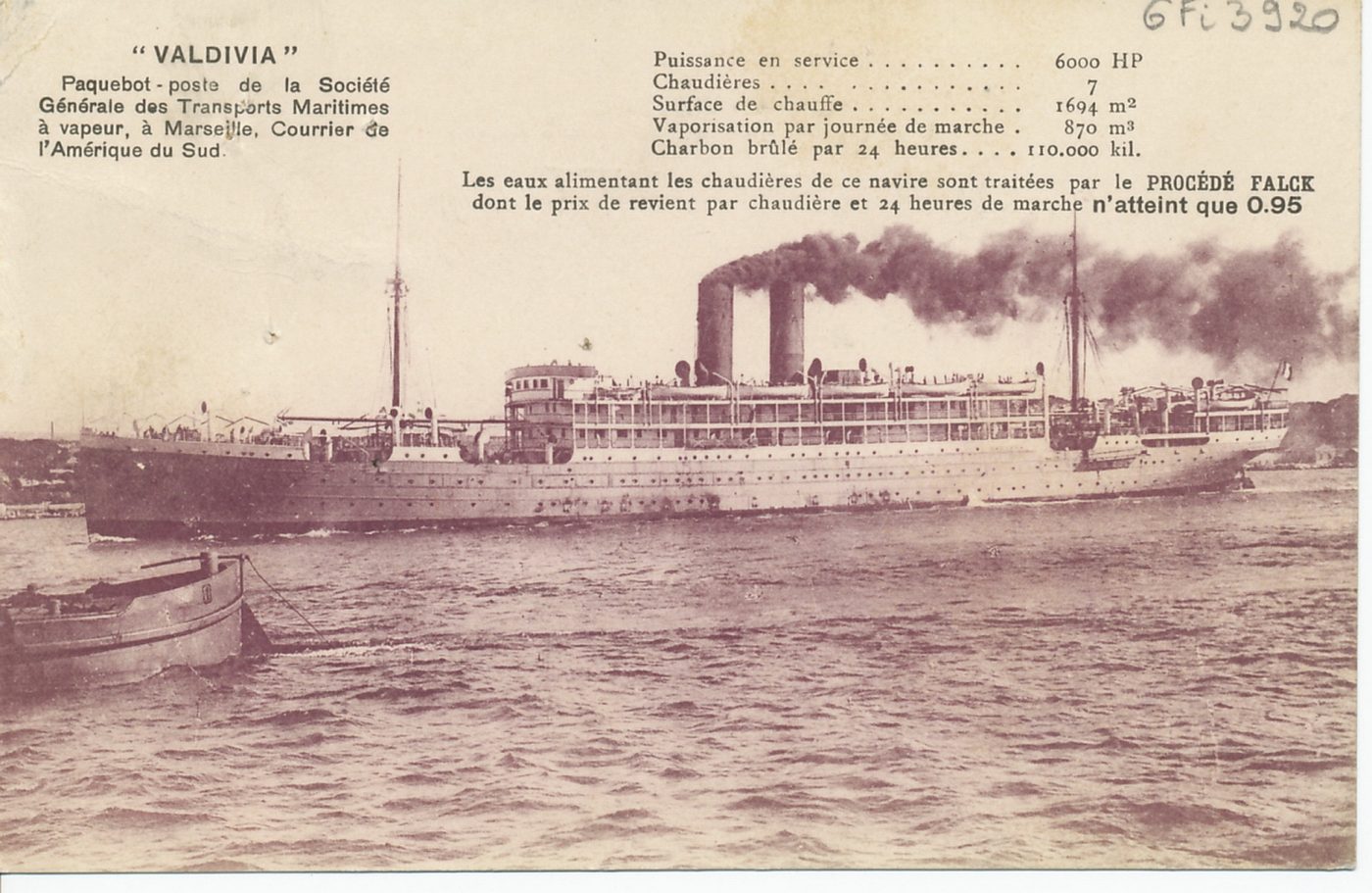 Valdivia. Paquebot - poste de la Société Générale des Transports Maritimes à vapeur, à Marseille, courrier de l'Amérique du Sud.