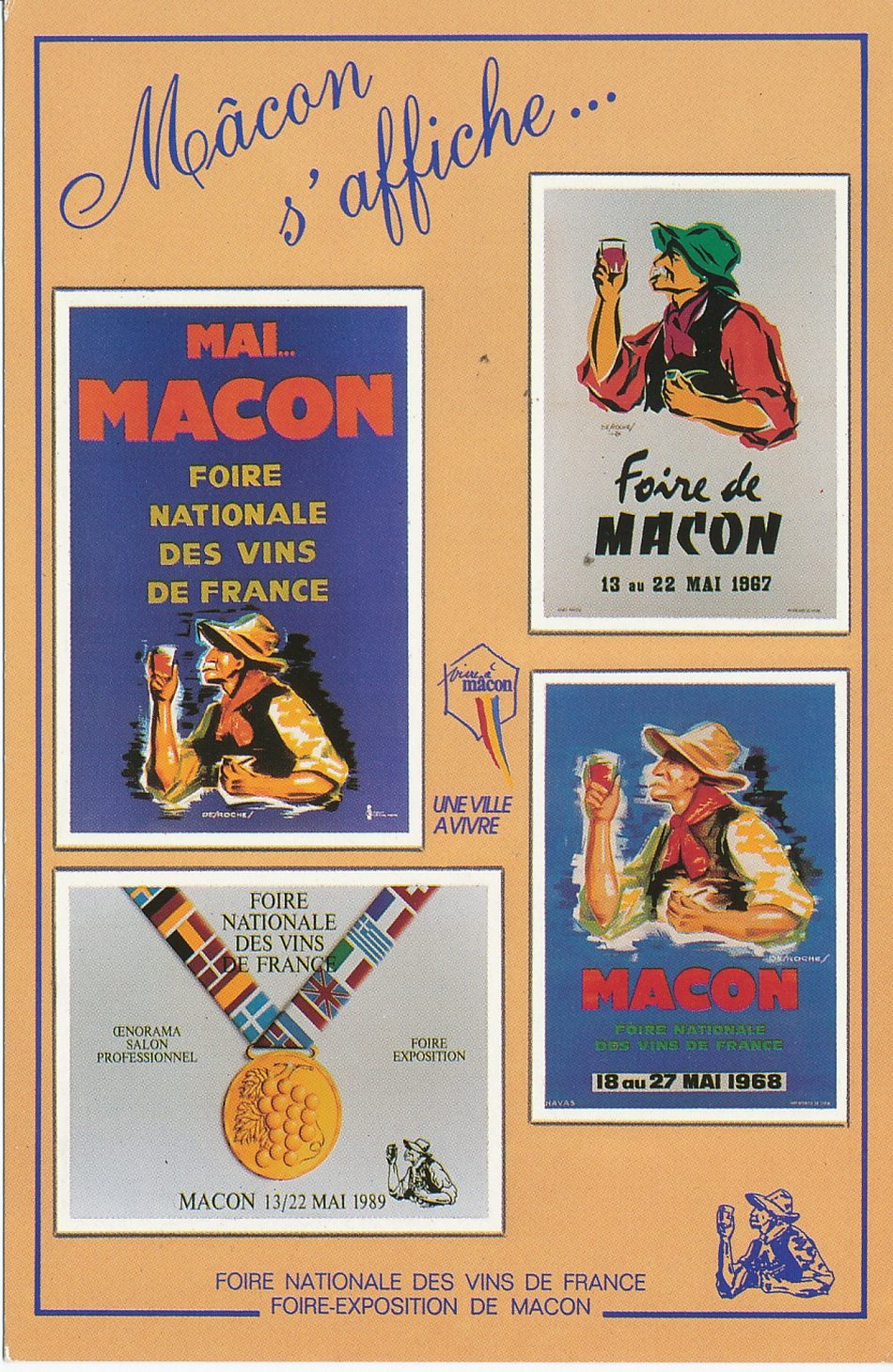 Reproduction d'affiches du comité de la foire de Mâcon (avec son autorisation). Avec le vieux vigneron son emblème. La foire de Mâcon locale à sa création en mai 1925, puis nationale, s'ouvre aujourd'hui sur l'Europe.