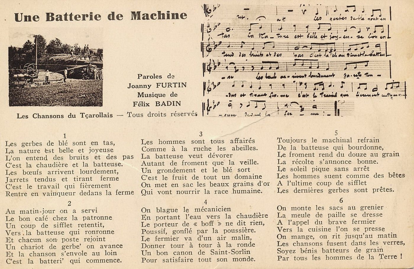 Les chansons du tçarollais : Une batterie de machine, paroles de Joanny Furtin et musique de Félix Badin.