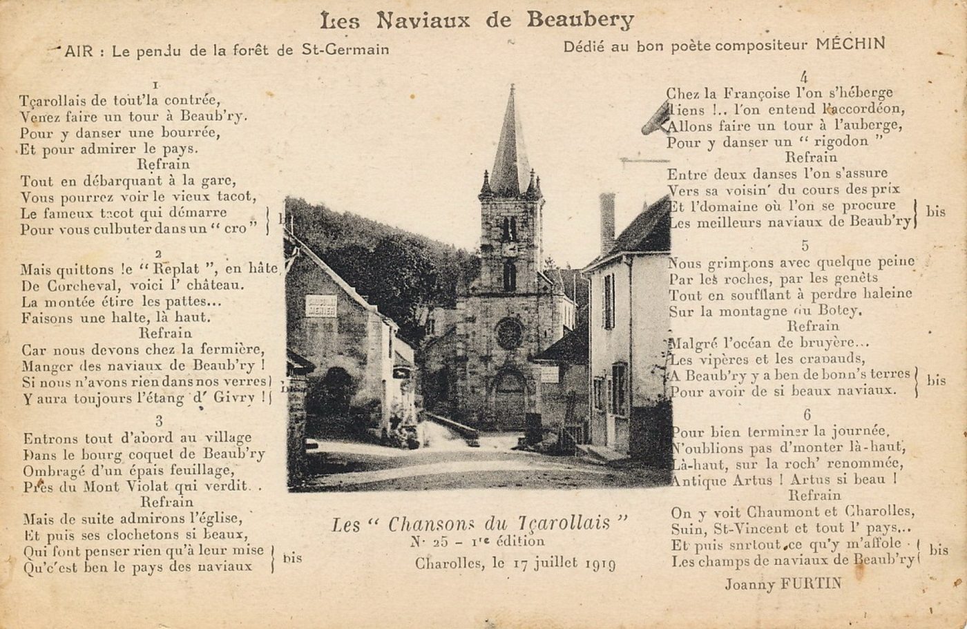 Les chansons du tçarollais, n° 25, 1ère édition : Les Naviaux de Beaubery, paroles de Joanny Furtin. Dédié au bon poète compositeur Méchin.