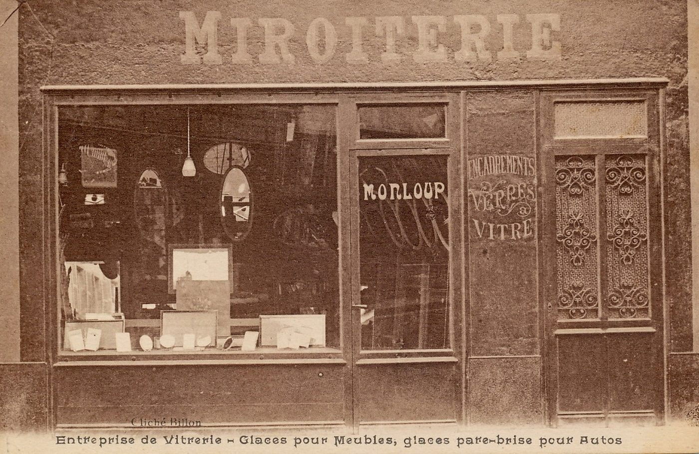 Entreprise de vitrerie. Glaces pour meubles, glace pare-brise pour autos.