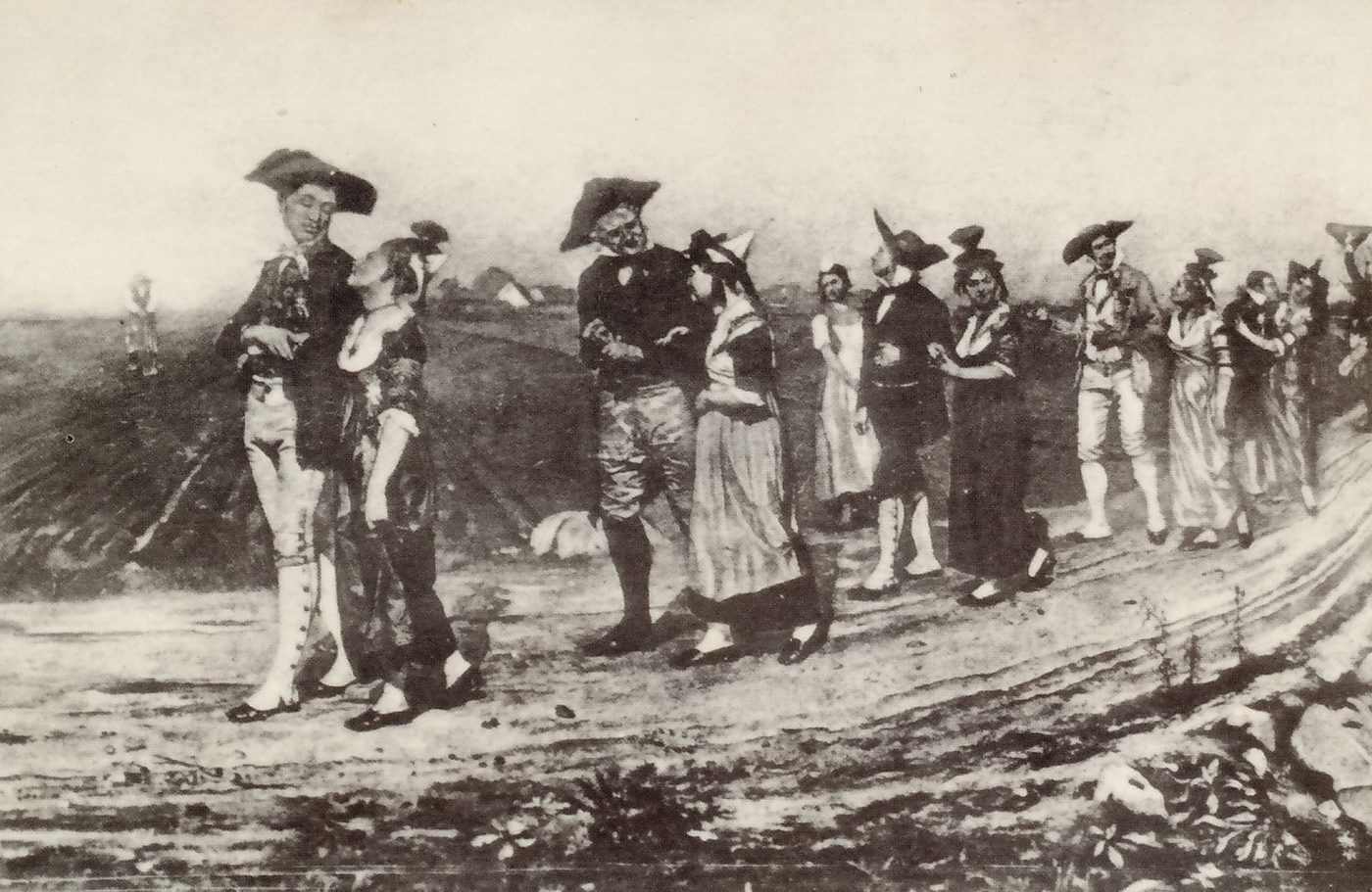 Uchizy. Une noce à Uchizy au XVIIIe s. Les époux précédés d'un joueur de musette, accompagnés d'un nombreux cortège sont conduits à la mairie puis à l'église. Ramenés à la maison, sur le seuil de la porte on leur offre un gâteau qu'ils mangent tous deux, boivent au même verre, puis on leur jette sur la tête du blé, de l'avoine, des fèves.