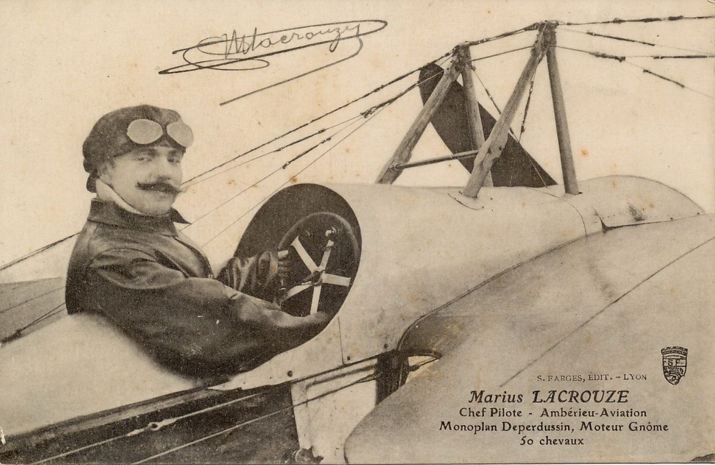 Marius Lacrouze. Chef pilote. Ambérieu aviation. Monoplan Deperdussin, moteur Gnome. 50 chevaux.