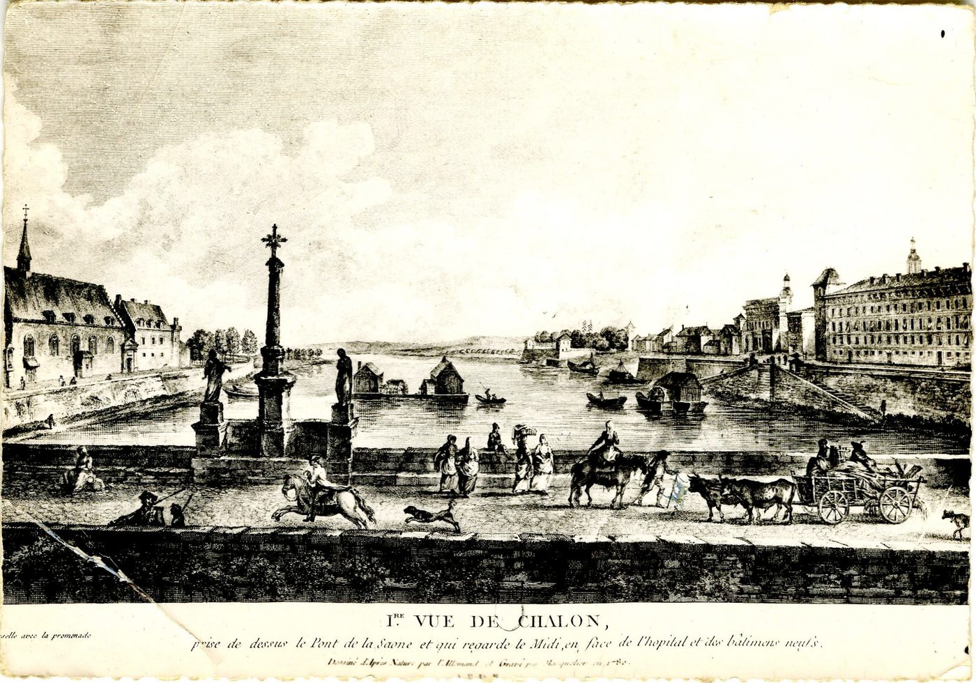 1ère vue de Chalon, prise de dessus le pont de Saône et qui regarde le midi, en face de l'hôpital et des bâtiments neufs.