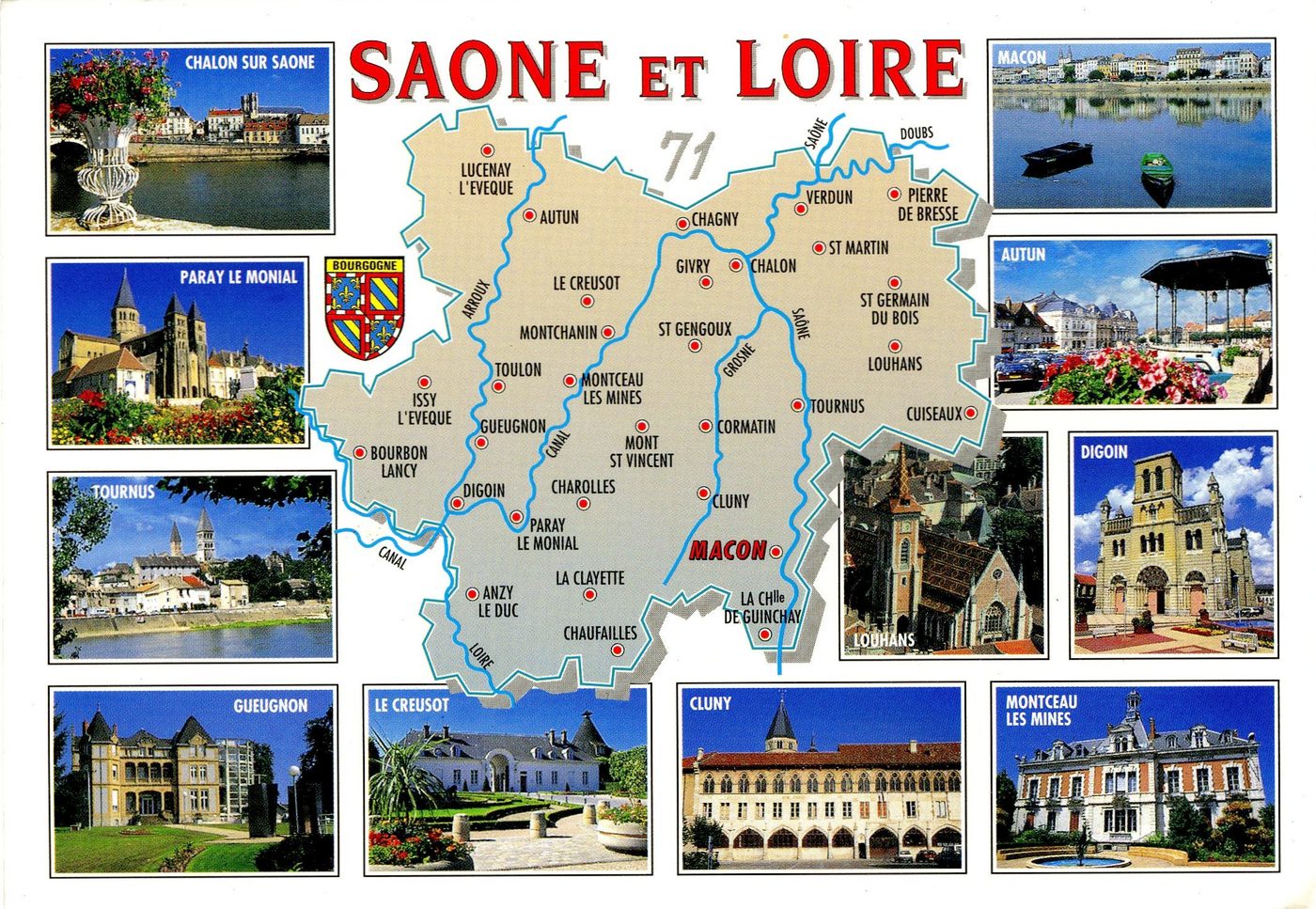 Saône-et-Loire 71. Département de la Saône-et-Loire. Superficie 8575 km2. Préfecture Mâcon. 571 communes et 559 413 habitants.