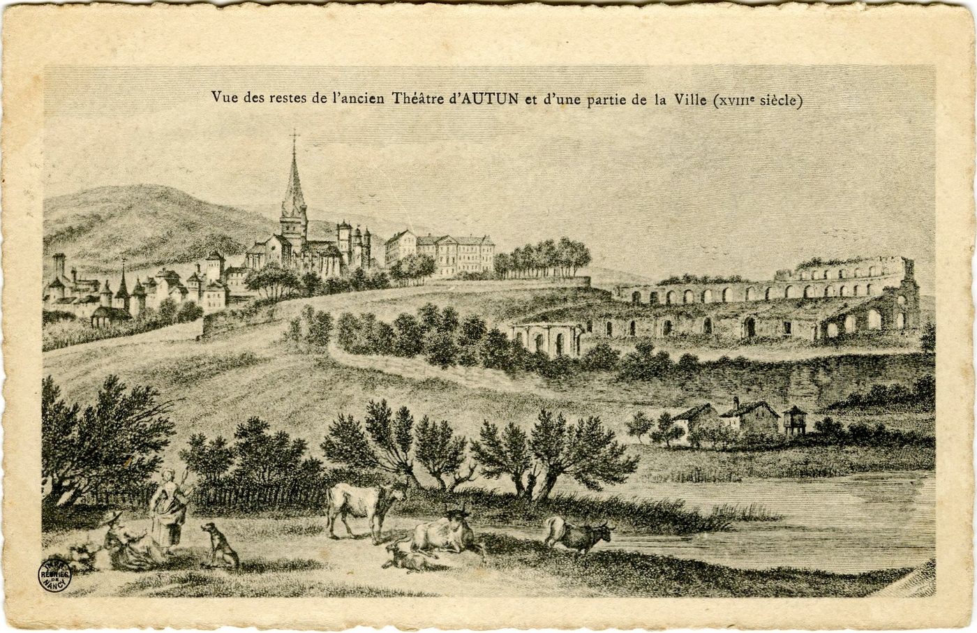 Vue des restes de l'ancien théâtre d'Autun et d'une partie de la ville (XVIIIe s.).